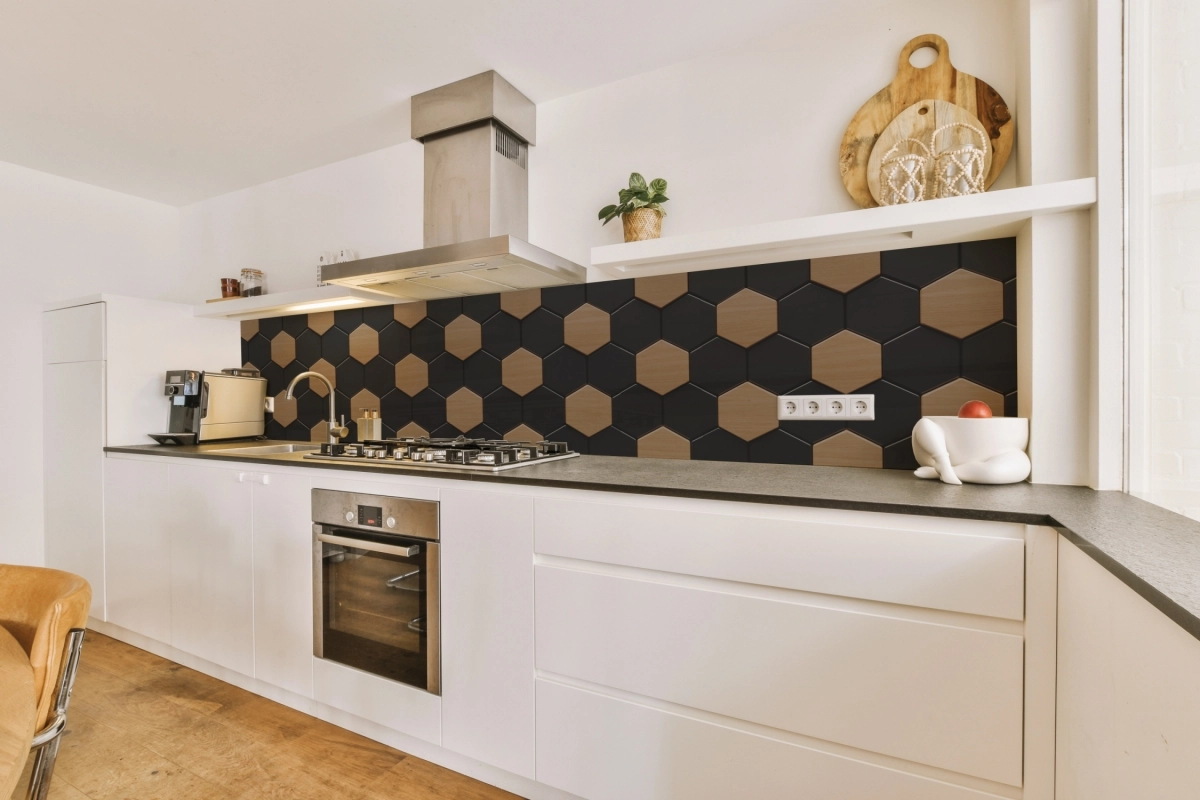 Küchenrückwand Aluverbund Holz Schwarz Hexagon
