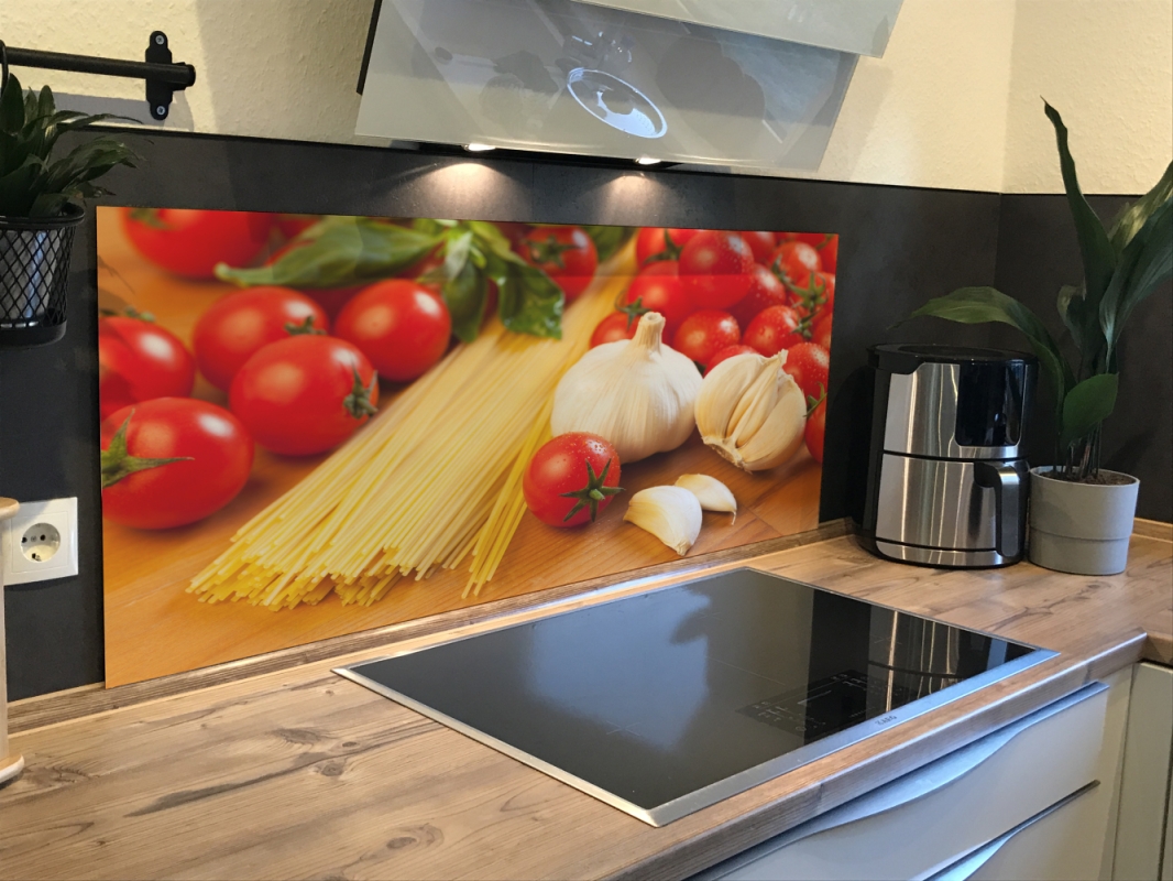 Spritzschutz Küche Acrylglas Nudel Tomaten Knoblauch