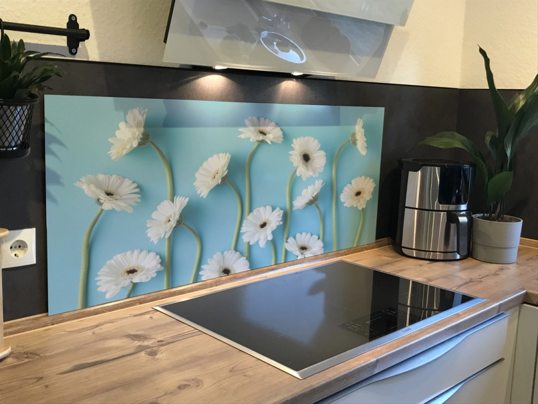 Spritzschutz Küche Hartschaumplatte Blau Weiße Blumen