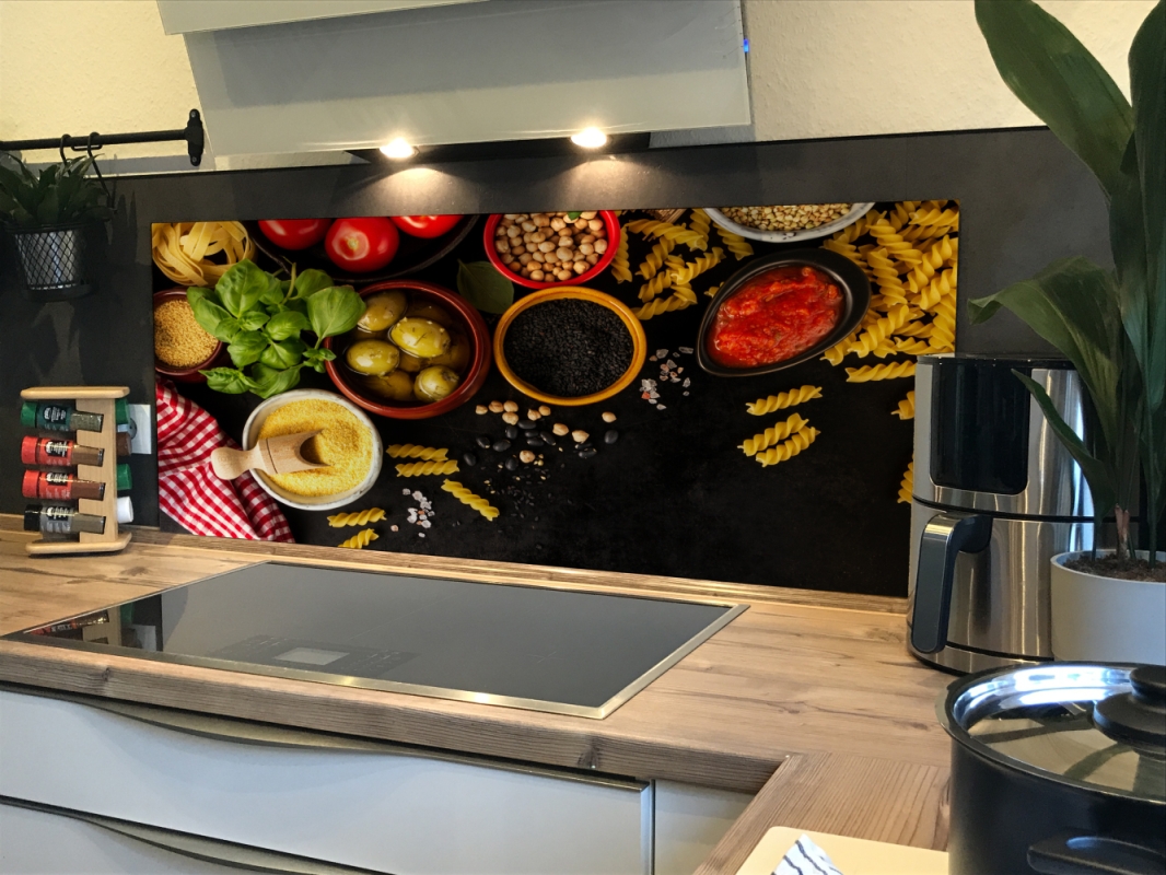 Spritzschutz Küche Acrylglas Nudel Oliven Basilikum