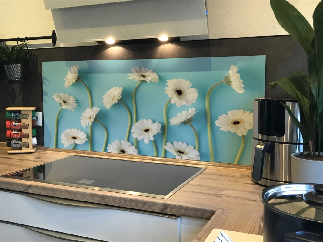 Spritzschutz Küche Hartschaumplatte Blau Weiße Blumen