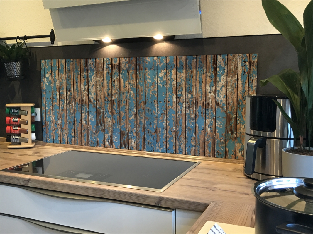 Spritzschutz Küche Acrylglas Abgenutzte Holzbalken Blau