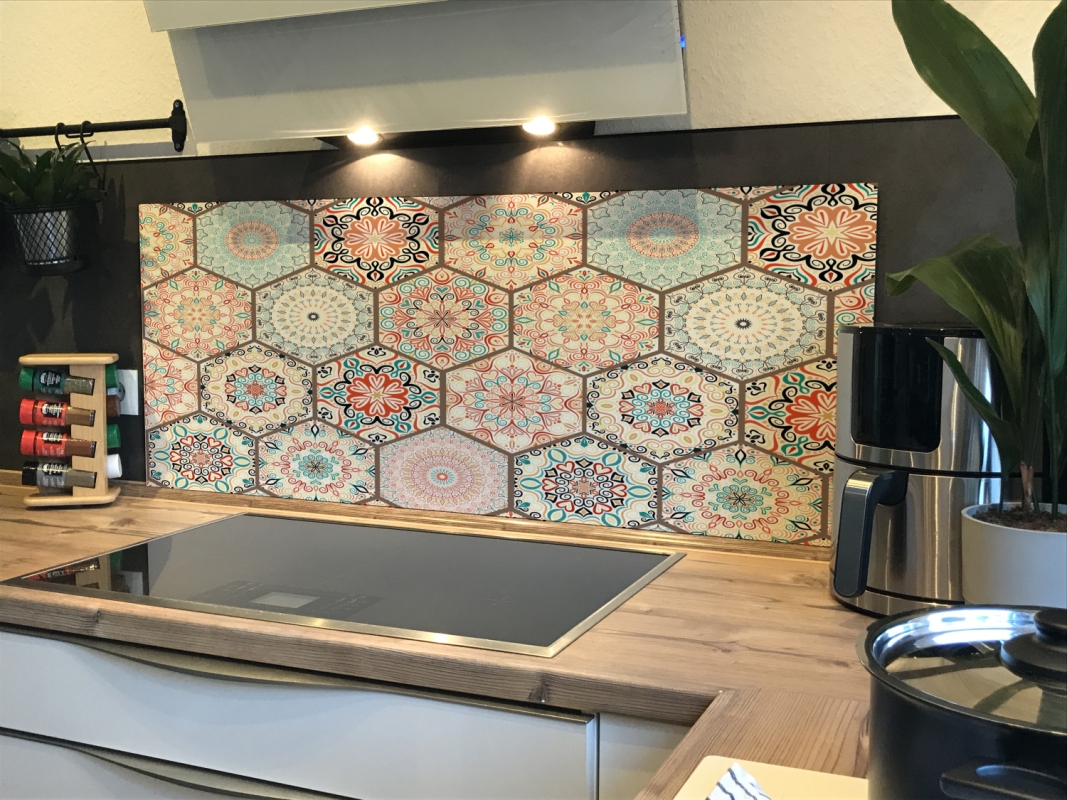 Spritzschutz Küche Hartschaumplatte Boho Patchwork Fliesen